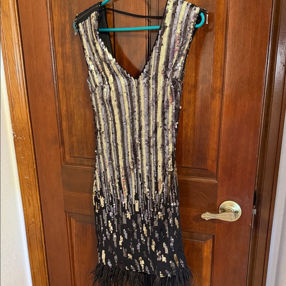 bebe Black and Gold Sequin Mini Dress